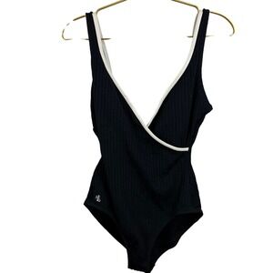 Lauren Ralph Lauren Black Cable Knit Wrap One Piece Swimsuit White Trim Sz 16